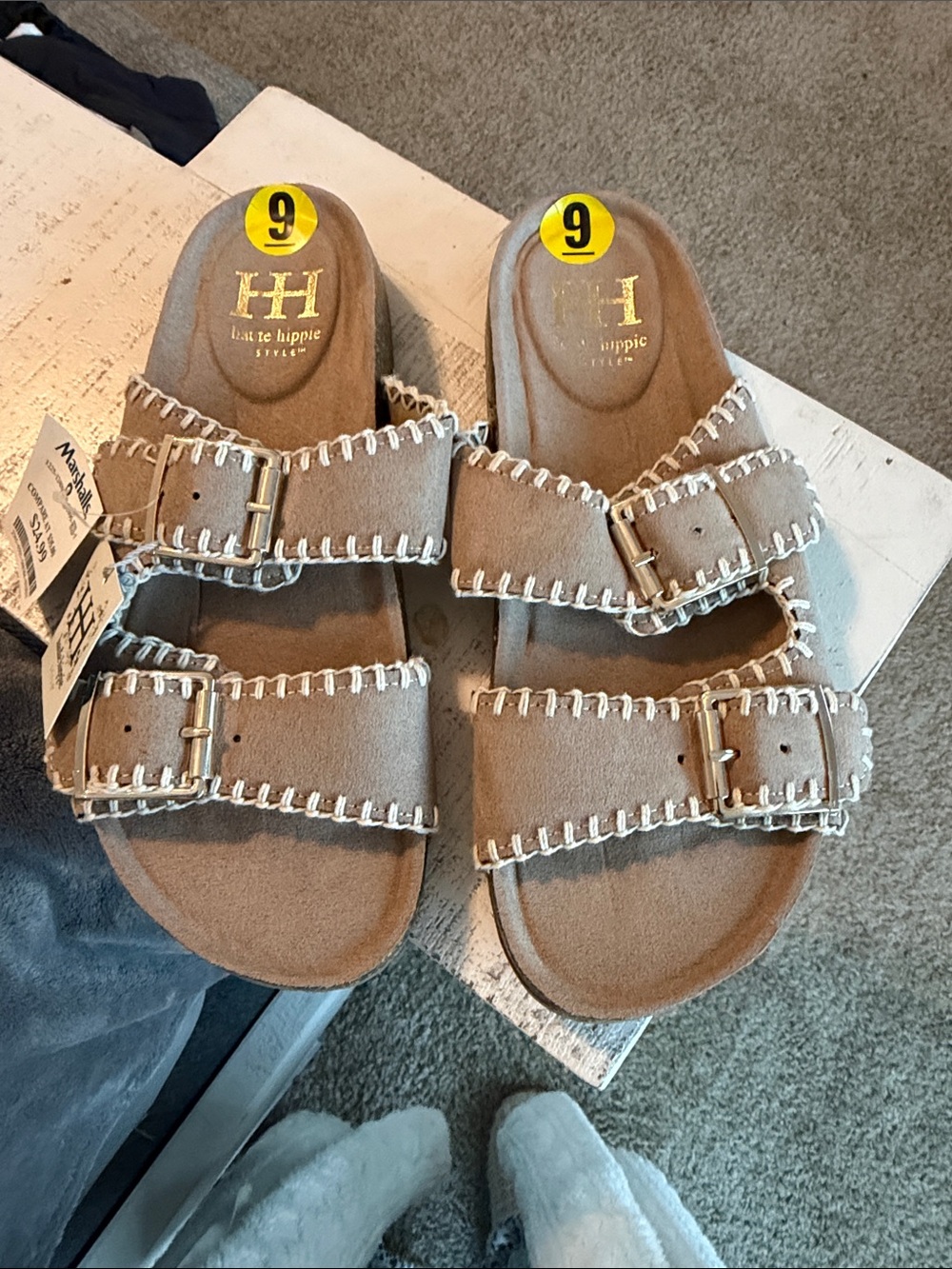 Haute Hippie Beige Suede Double-Buckle Slide Sandals